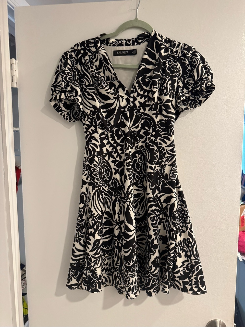 Ralph Lauren Black & White Floral V-Neck Mini Dress